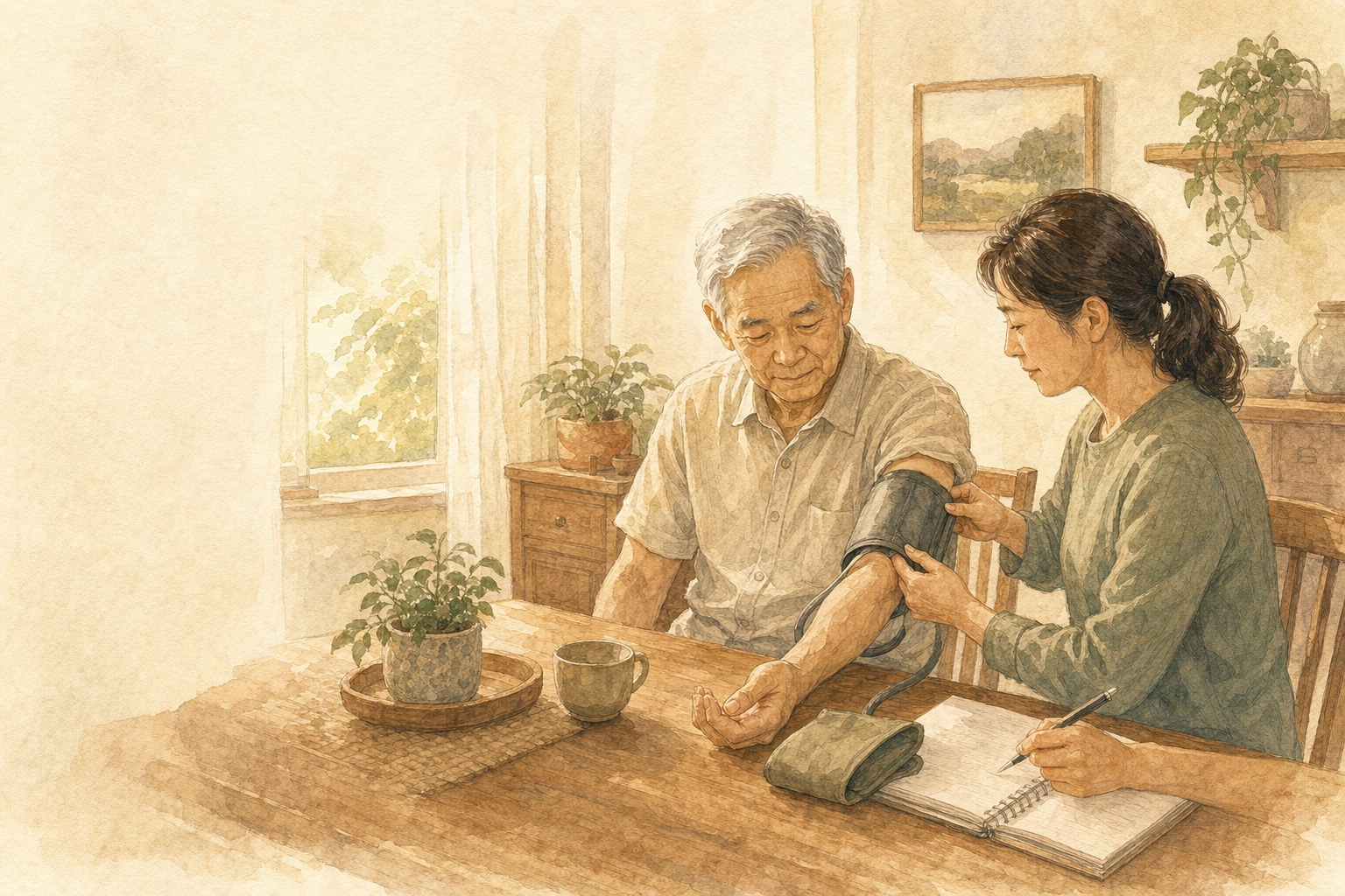 家属陪老人安静测量血压并记录的暖色水彩插画