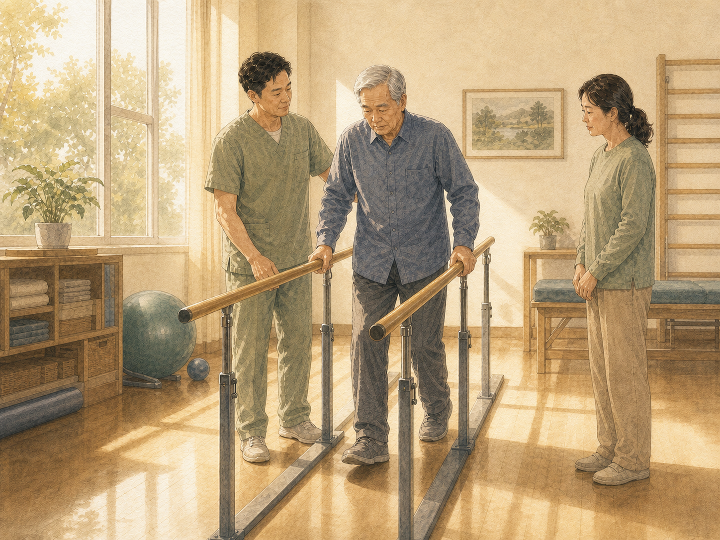 家属陪伴患者康复的科普插画